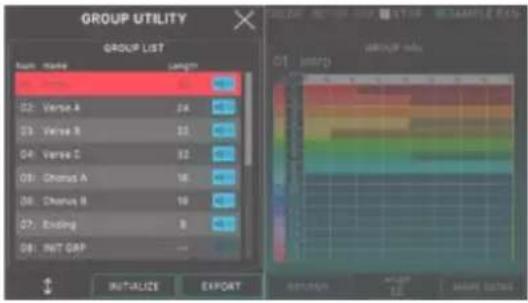 GROUP UTILITY GROUP LIST Bath: Name: Length 01: Versus A 24 02: Versus B 35 03: Versus C 52 04: Chorus A 16 05: Chorus B 19 06: Existing 8 07: INT GAP — INITIALIZE EXPORT OUTPUT GROUP U.S.