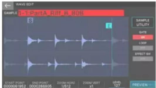 WAVE EDIT SAMPLE 1-1:PartA_Rift_B_80B S SAMPLE UTILITY GATE SW LOOP OFF EFFECT SW OFF START POINT 0000061952 END POINT 0000286805 ZOOM HORNZ 1/512 ZOOM VERT x1 LEVEL 127 PREVIEW