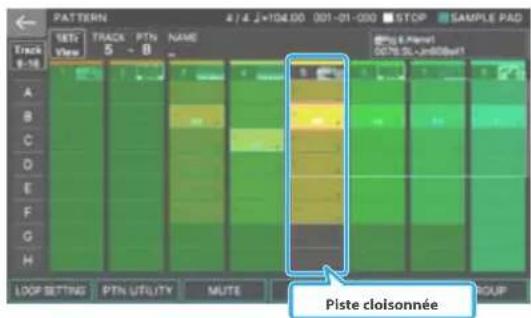 PATTERN 4/4 2x104.00 001-01-00 STOP SAMPLE PAD SET: View TRACK PTN NAME 5 - B A B C D E F G H LOG SETTING PTN UTILITY MUTE GROUP Piste cloisonnée