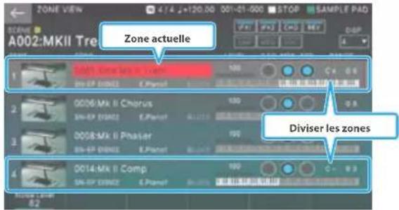 ZONE VIEW 4/4 20:00 001-01-000 STOP SAMPLE PAD A002:MKII Tre Zone actuelle 1 100 C 4 6 00-EP 0002 E Planet 2 0008:MA II Chorus 100 S4-EP 0002 E Planet 3 0008:MA II Phaker 100 S4-EP 0002 E Planet 4 0014:MA II Comp 100 S4-EP 0002 E Planet Diviser les zones 5.2