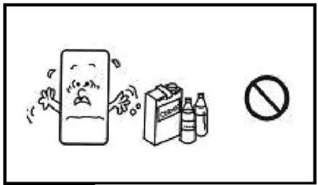 Safety warning illustration showing a phone emitting exhaust smoke next to a food box and bottle, with a no-smoking symbol nearby.