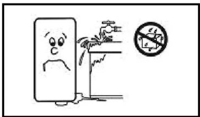 Safety warning illustration showing a distressed device and a no-smoking symbol with a trash can