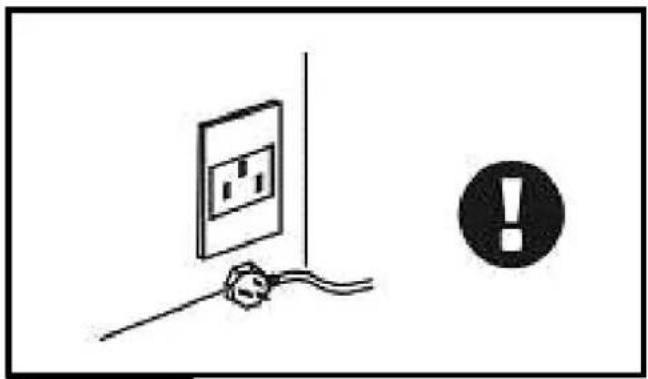 Diagram showing a hand holding a cable connected to a wall-mounted electrical socket, with an exclamation mark nearby.