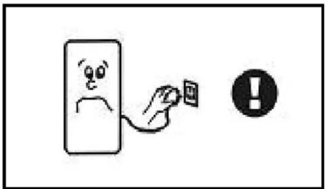 Cartoon illustration showing a sad face pointing at a plug with an exclamation mark, next to a warning symbol.