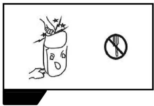 Safety warning illustration showing a hand holding a bottle with stars above and a no-smoking symbol below.