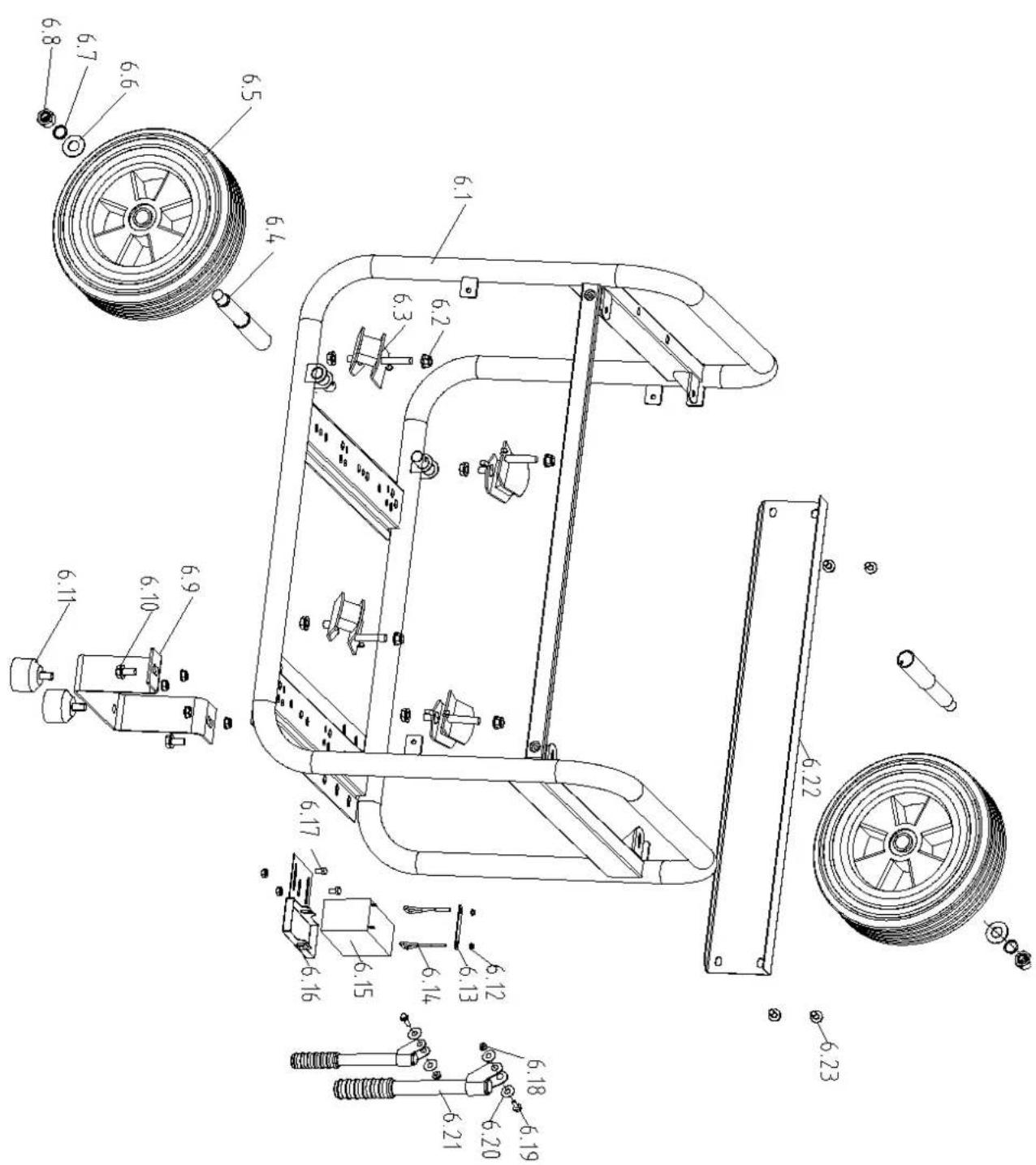 Technical diagram of a vehicle chassis with labeled parts and exploded views
