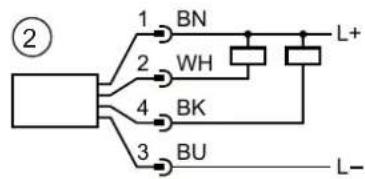 graph TD A["②"] --> B["1"] A --> C["2"] A --> D["3"] A --> E["4"] B --> F["BN"] C --> G["WH"] D --> H["BK"] E --> I["BU"] F --> J["L+"] G --> K["L-"]