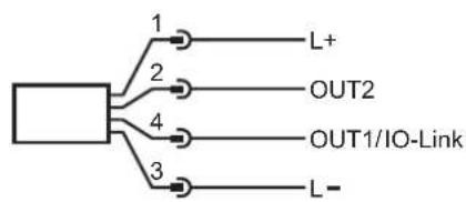 graph TD A[" "] -->|1| B["L+"] A -->|2| C["OUT2"] A -->|4| D["OUT1/IO-Link"] A -->|3| E["L-"]