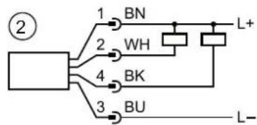 graph TD A["②"] --> B["1"] A --> C["2"] A --> D["3"] B --> E["BN"] C --> F["WH"] D --> G["BK"] E --> H["L+"] F --> I["BU"] G --> J["L-"]