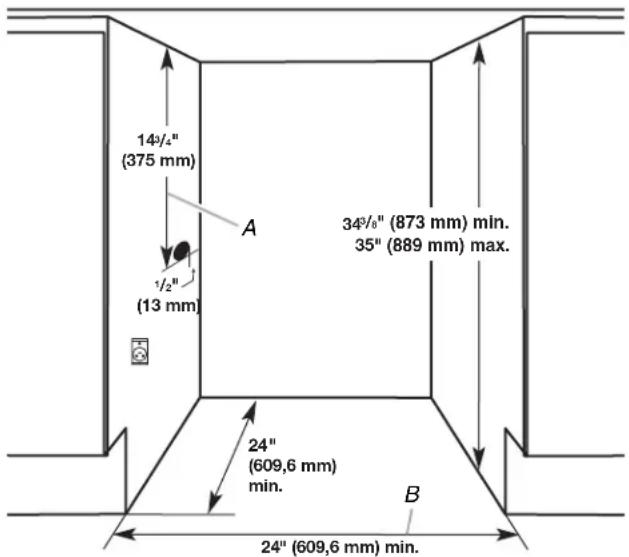 14¼/₄" (375 mm) A 34³/₆" (873 mm) min. 35" (889 mm) max. ½" (13 mm) 24" (609,6 mm) min. 24" (609,6 mm) min. B