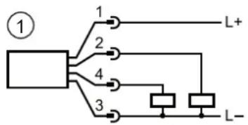 graph TD A["①"] --> B["1"] A --> C["2"] A --> D["3"] A --> E["4"] B --> F["L+"] C --> G["L-"] D --> H["L-"]