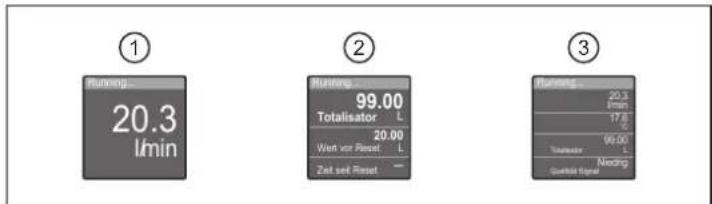 ① Running... 20.3 l/min ② Running... 99.00 Totalisator L 20.00 Wert vor Reset L Zahl seit Reset ③ Running... 20.3 l/min 17.0 L 99.00 Termostat L Napping Quaktar Signal