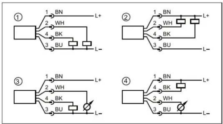 graph TD A["①"] --> B["1 BN L+"] A --> C["2 WH"] A --> D["4 BK"] A --> E["3 BU"] F["②"] --> G["1 BN L+"] F --> H["2 WH"] F --> I["4 BK"] F --> J["3 BU"] K["③"] --> L["1 BN L+"] K --> M["2 WH"] K --> N["4 BK"] K --> O["3 BU"] P["④"] --> Q["1 BN L+"] P --> R["2 WH"] P --> S["3 BU"]