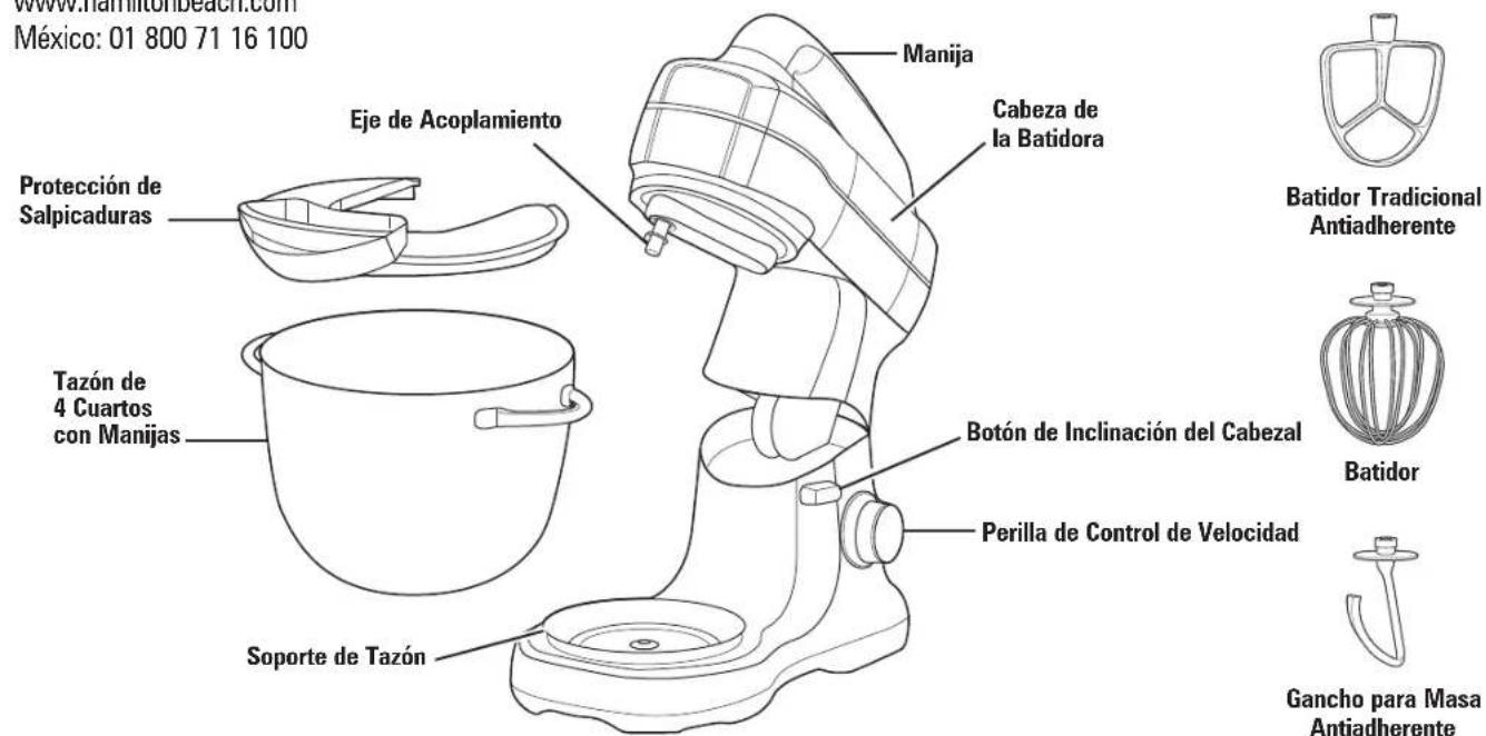 www.hamiltonbeach.com México: 01 800 71 16 100 Eje de Acoplamiento Protección de Salpicaduras Tazón de 4 Cuartos con Manijas Soporte de Tazón Manija Cabeza de la Batidora Botón de Inclinación del Cabezal Perilla de Control de Velocidad Batidor Tradicional Antiadherente Batidor Gancho para Masa Antiadherente