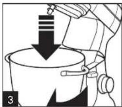 Diagram showing a hand pouring liquid into a bucket with a downward arrow, labeled with number 3