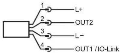 graph TD A[" "] --> B["1"] A --> C["2"] A --> D["3"] A --> E["4"] B --> F["L+"] C --> G["OUT2"] D --> H["L-"] E --> I["OUT1 /IO-Link"]