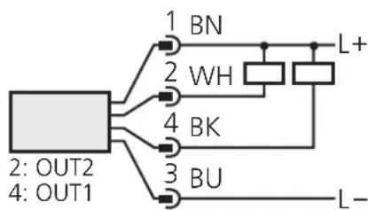 graph TD A["2: OUT2"] --> B["1 BN"] A --> C["2 WH"] A --> D["4 BK"] A --> E["3 BU"] F["4: OUT1"] --> G["2: OUT2"] F --> H["4: OUT1"] I["L+"] --> J["L-"] K["L+"] --> L["BN"] M["L+"] --> N["WH"]