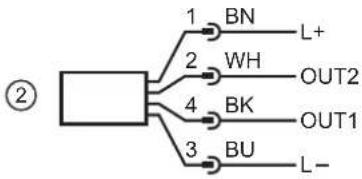 graph TD A["②"] --> B["1 BN"] A --> C["2 WH"] A --> D["4 BK"] A --> E["3 BU"] B --> F["L+"] C --> G["OUT2"] D --> H["OUT1"] E --> I["L-"]