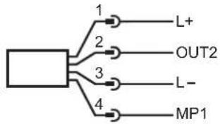 graph TD A[" "] --> B["1"] A --> C["2"] A --> D["3"] A --> E["4"] B --> F["L+"] C --> G["OUT2"] D --> H["L-"] E --> I["MP1"]