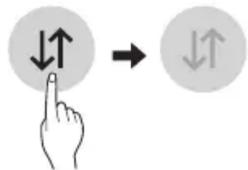 Diagram showing hand finger pressing a circle with directional arrows, next to a circular arrow indicating rotation.