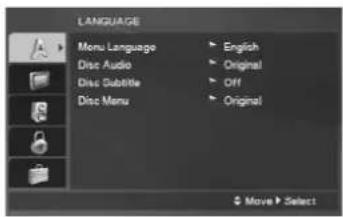 LANGUAGE Menu Language Disc Audio Disc Subtitle Disc Menu English Original Off Original Move Select