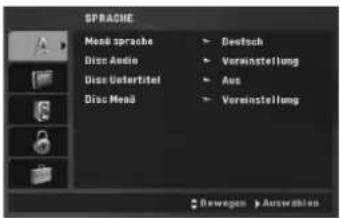 SPRACHE Menu sprache Disc Audio Disc Untertitel Disc Menu Deutsch Vorwinstellung Aus Vorwinstellung Bewegen > Auswahlen