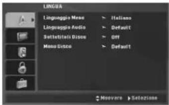 LINGA Linguaggio Menu > Italiano Linguaggio Audio > Default Sottetitelli Disco > Off Menu Disco > Default + Manovare > Selezione