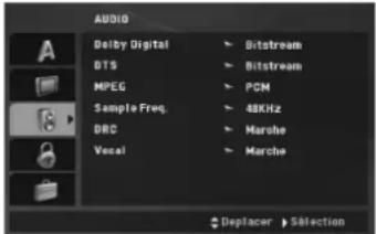 AUDIO Delby Digital BTS MPEG Sample Freq. DRC Vocal Bitstream Bitstream PCM 48KHz Marche Marche Deplacer >Selection