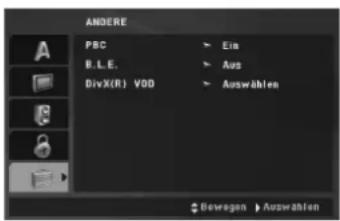 ANDERE PBC B.I.E. DivX(R) VOD Ein Aus Auswählen Bewegen Auswählen