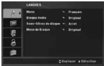 LANGUES Menu Disque Audio Sens-litres du disque Menu du Disque Français Original Arret Original Deplacer > Sélection