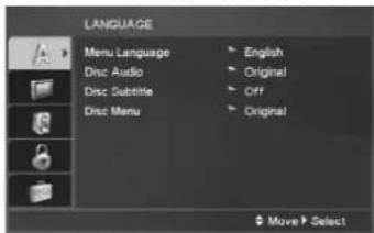 LANGUAGE Menu Language Disc Audio Disc Subtitle Disc Menu English Original Off Original Move Select