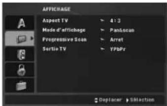 AFFICHAGE Aspect TV > 4:3 Mode d'affichage > PanScan Progressive Scan > Arret Sortie TV > YPbPr ● Deplacer ⭕ Selection