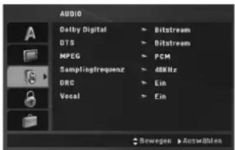 AUDIO Dotby Digital GTS MPEG Samplingfrequenz DRC Vocal Bitstream Bitstream PCM 48KHz Ein Ein Bewegen > Auswählen