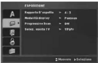 ESPOSIZIONE Rapporto D'espetto ▶ 4:3 Meda Italia display ▶ Pansean Progressive Scan ▶ Off Select. vesta TV ▶ YPbPr Muovere ▶ Selezione