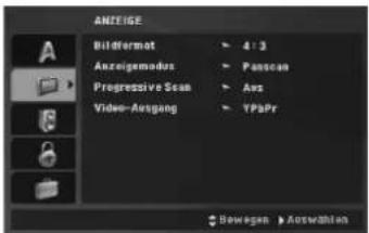 ANZEIGE Bildformot Anzegemodus Progressive Scan Video-Anfang 4:3 Passcan Aus TPaPr Bewegen Auswahlen