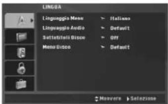 LINGBA Linguaggio Menu > Italiano Linguaggio Audio > Default Sattetelli Disco > OFF Menu Disco > Default Monevera > Sotazione