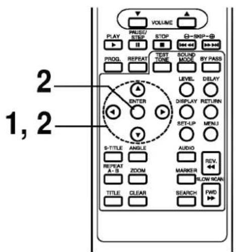 VOLUME PLAY PHASE/STEP STOP -SKIP- PROG. REPEAT TEST TONE SOUND MODE BY PASS LEVEL DELAY ENTER DISPLAY RETURN SET-UP MENU S-TITLE ANGLE AUDIO REPEAT ZOOM MARKER REV. A-B A B TITLE CLEAR FLOW SCAN FWD