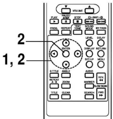 VOLUME PLAY PAUSE/STEP STOP -SKIP-# PROG. REPEAT TEST TONE SOUND MODE BY PASS LEVEL DELAY DISPLAY RETURN SET-UP MENU S-TITLE ANGLE AUDIO REPEAT ZOOM MARKER REV. A-B ZOOM SLOW SCAN TITLE CLEAR SEARCH FWD 1, 2