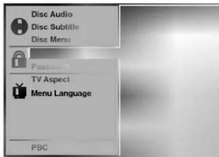 Disc Audio Disc Subtitle Disc Menu Password TV Aspect Menu Language PBC