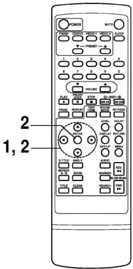 POWER MUTE FM/AM CD/DVD VIDEO 1 VIDEO 2 SLEEP PRESET 1 2 3 4 5 6 7 8 9 0 VOLUME PLAY PAUSE/ STOP ~SNIP PROG. REPEAT TEST TONE ROUND MODE BY PASS LEVEL DELAY DISPLAY RETURN ENTER SET-UP MENU S-TITLE ANGLE AUDIO REV. REPEAT ZOOM MARKER A - B ZOOM SLOW SCAN TITLE CLEAR SEARCH FWD 1, 2