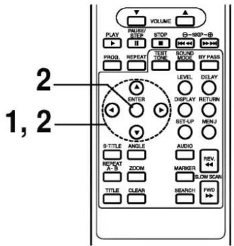 VOLUME PLAY PAURS/STEP STOP -SKIP- PROG. REPEAT TEST TONE BOUND MODE BY PASS LEVEL DELAY DISPLAY RETURN SET-UP MENU 8-TITLE ANGLE AUDIO REPEAT ZOOM MARKER REV. A - B ZOOM SLOW SCAN TITLE CLEAR SEARCH PWD 1, 2