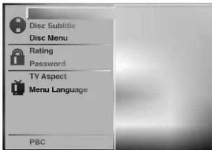Disc Subtitle Disc Menu Rating Password TV Aspect Menu Language PBC