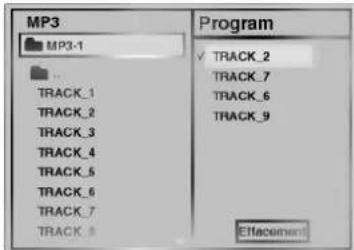 MP3 MP3-1 TRACK_1 TRACK_2 TRACK_3 TRACK_4 TRACK_5 TRACK_6 TRACK_7 TRACK_8 Program ✓ TRACK_2 TRACK_7 TRACK_6 TRACK_9 Effacement