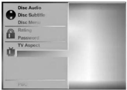 Disc Audio Disc Subtitle Disc Menu Rating Password TV Aspect PSC
