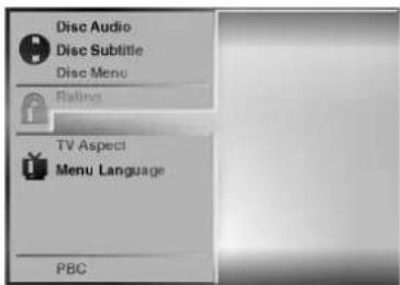 Disc Audio Disc Subtitle Disc Menu Rating TV Aspect Menu Language PBC