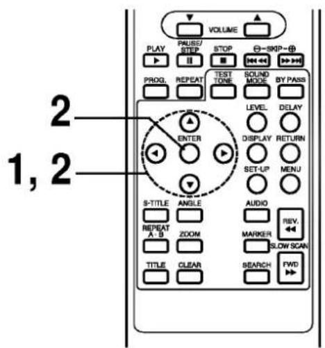 VOLUME PLAY PRUSE/STEP STOP -SMP PROG. REPEAT TEST TONE SOUND MODE BY PASS LEVEL DELAY DISPLAY RETURN SET-UP MENU S-TITLE ANGLE AUDIO REPEAT ZOOM MARKER REV. A-B ZOOM SLOW SCAN TITLE CLEAR SEARCH FWD 1, 2