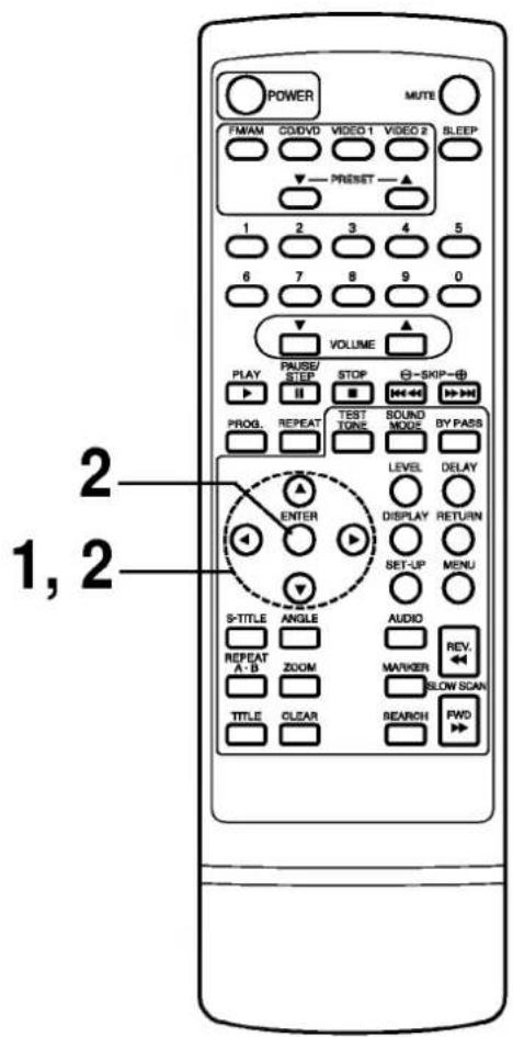 POWER MUTE FM/AM CD/DVD VIDEO 1 VIDEO 2 SLEEP PRESET 1 2 3 4 5 6 7 8 9 0 VOLUME PLAY PAUSE/STEP STOP 📊-SKIP- PROG. REPEAT TEST SOUND BY PASS TEST TURNS MODE LEVEL DELAY ENTER DISPLAY RETURN SET-UP MENU S-TITLE ANGLE AUDIO REPEAT ZOOM MARKER REV. A·B ZOOM SLOW SCAN TITLE CLEAR SEARCH PWD 1, 2