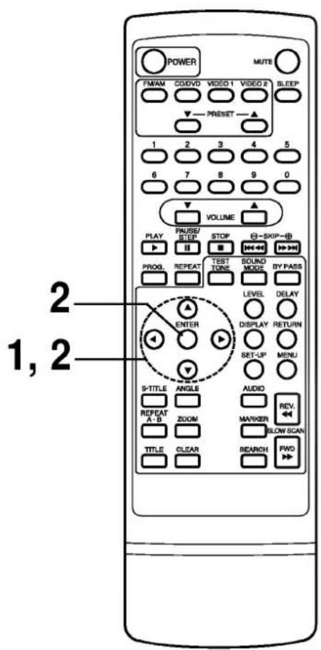 POWER MUTE FM/AM COD/DVD VIDEO 1 VIDEO 2 SLEEP PRESET 1 2 3 4 5 6 7 8 9 0 VOLUME PLAY PAUSE/STEP STOP -SKIP- PROG. REPEAT TEST TUNI SOUND MODE BY PASS LEVEL DELAY ENTER DISPLAY RETURN SET-UP MENU S-TITLE ANGLE AUDIO REPEAT ZOOM MARKER REV. A-B SLOW SCAN TITLE CLEAR SEARCH PWD 1, 2