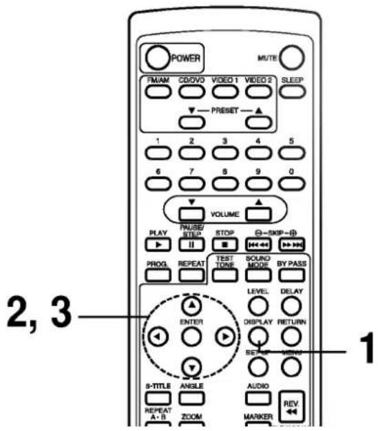 POWER MUTE FM/AM CD/OVO VIDEO 1 VIDEO 2 SLEEP PRESET 1 2 3 4 5 6 7 8 9 0 VOLUME PLAY PAUSE/ STOP ☑-SKIP-# II ■ >>> PROG REPEAT TEST TONE SOUND MODE BY PASS LEVEL DELAY ENTER DISPLAY RETURN S-TITLE ANGLE AUDIO REPEAT ZOOM MARKER REV A+B A+B 2, 3 1
