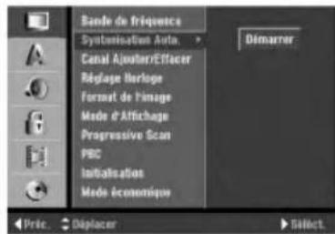 Balance de fréquence Systemisation Auto. Canal Auxiliar/Effacer Réplage Herlope Format de l'image Mode d'Affichage Progressive Scan PBC Initialization Mode économique Dimarrer Préc. Déplacer Select.